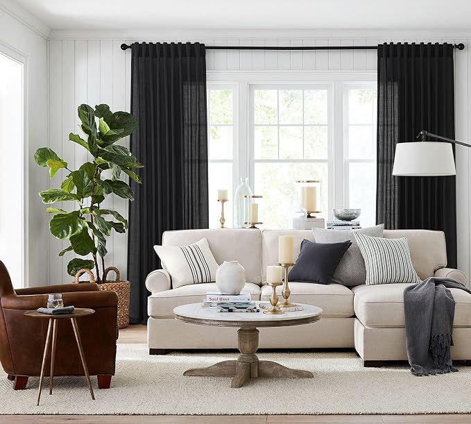 Jowels Black Linen Curtains 102 Inch Long 2 Panels for Living Room | Light Filtering Semi Sheer Curtain, Back Tab Pocket Pleated Look, Boho Farmhouse Textured Privacy Drapes for Bedroom Window
