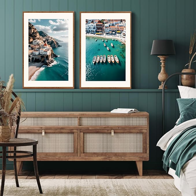 LHIUEM Italy Amalfi Coastal Framed Canvas Wall Art,Summer Positano Sea Wall Decor,Modern Blue Ocean Painting,Nature Beach Photography Artwork for Living Room,Bedroom,Dining Room -16"x24"x3
