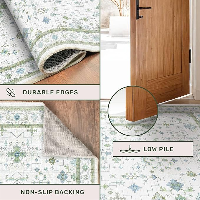 Hazo Haus Cream Oushak 7x9 Bedroom Rug - Boho Floral Cool Blue and Green, Washable Low Pile Non-Slip Ultra-Thin Large Area Rugs for Playroom, Bed Room, Living Room