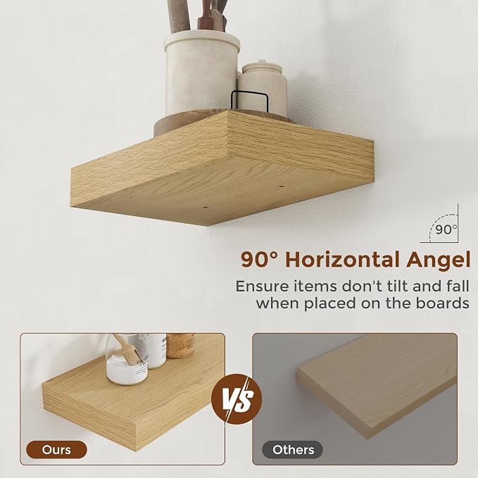 Heimlove 12 Inch Floating Shelves for Wall Oak Shelves Set of 2,Wall Mounted Rustic Wood 8 Inch Deep Floating Shelf with Invisible Brackets for Bedroom Kitchen Living Room
