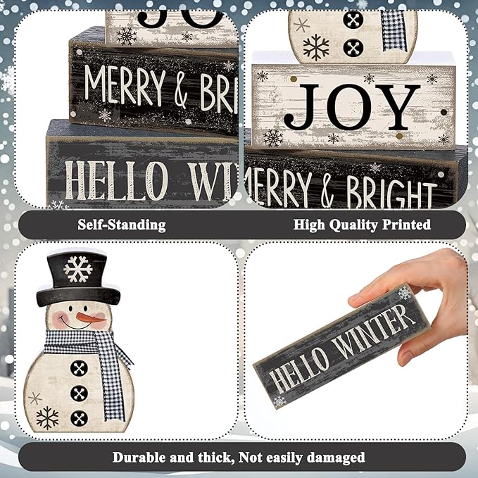 Lineshading 4 Pcs Winter Table Decorations Wooden Snowman Black and White Winter Tiered Tray Decor Christmas Centerpiece Decorations Rustic Wooden Snowman Block Sign Gifts Farmhouse for Home Kitchen