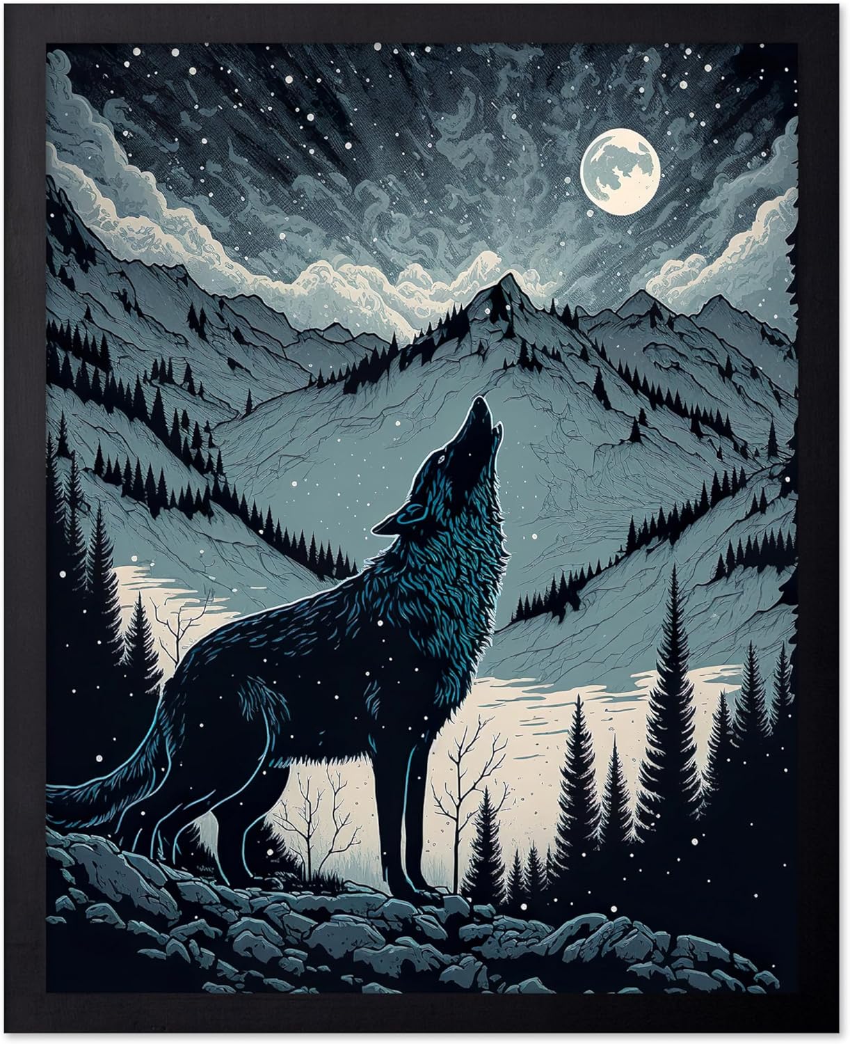 Poster Master Vintage Illustration Poster - Retro Animal Print - Gift for Artist, Friend - Wolf Howling at the Moon, Mountain, Snow, Landscape - Wall Decor for Home, Office, 8x10 Black Framed