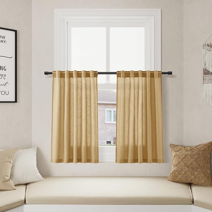 Gold Yellow Kitchen Tier Curtains 24 Inch Length Linen Blend Privacy French Country Light Filtering Short Curtain with Rod Pocket Back Tab for Over Sink Window Bathroom Laundry 2 Panels 30Wx24L