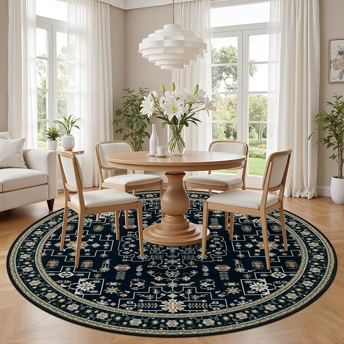 Round Area Rug for Living Room: 6ft Washable Vintage Boho Soft Thin Circle Rug Indoor Floor No Slip Stain Resistant Carpet for Bedroom Dining Room Farmhouse Nursery Home Office -Black