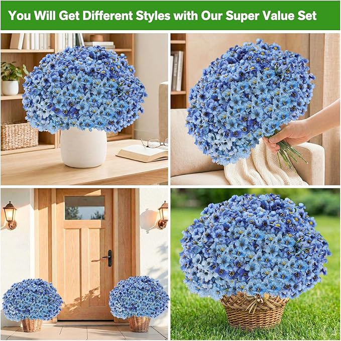 Powbrace 60 Pack Artificial Flowers for Outdoor Indoor Fake Plants, Faux Silk Flowers for Outdoors Outside Front Porch Hanging Planter Window Box Garden Spring Decoration(Blue)