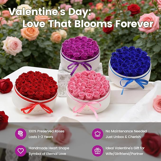 Valentines Day Flowers Roses Gifts for Her,28pcs Purple Forever Preserved Roses in Round Gift Box,Valentines Day Delivery Prime Gifts-Roses Gifts for Women,Mom.