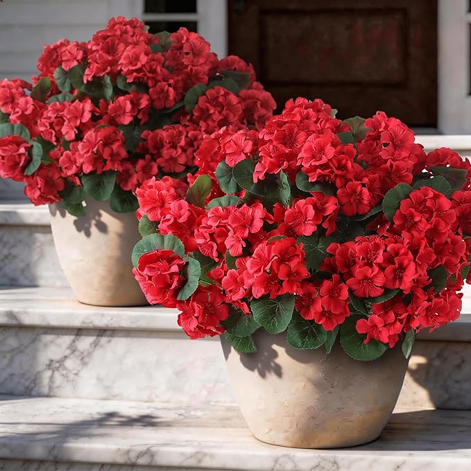 GLIDLION 24 Bundles Artificial Geranium Flowers for Spring Summer Decor, UV-Resistant Fake Plants Realistic Faux Silk Bouquets for Front Door Farmhouse Garden Porch Home Outdoor Decor (Red)