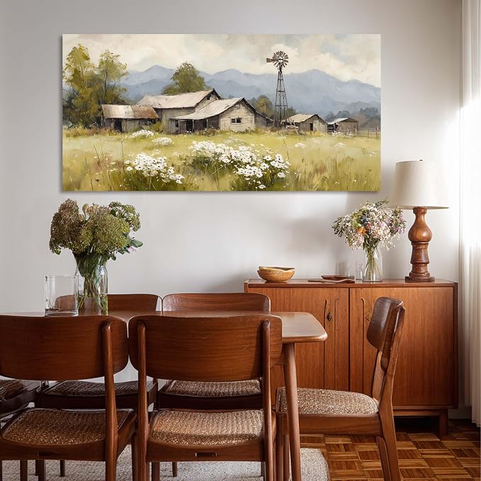 Rural House Wall Art for Living Room Canvas Oil Painting Prints Beautiful Countryside Tranquility Cabin Landscape Art Deco Retro Rustic Artwork Office Bedroom Farmhouse Dining Room Decor Extra Large