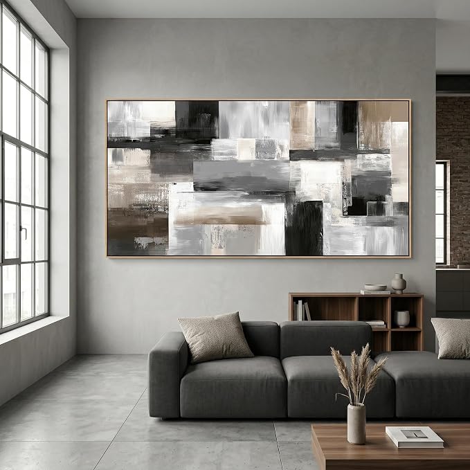 HUADAOART 30x58 Inch Framed Abstract Canvas Wall Art Neutral Grey Beige Geometric Decor