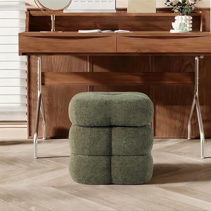 Get Set Style 360° Swivel Flower Ottoman, Linen Vanity Stool Footrest with 300LBS Capacity, No Assembly Small Space Accent Chair for Living Room Bedroom Entryway(Olive Green)