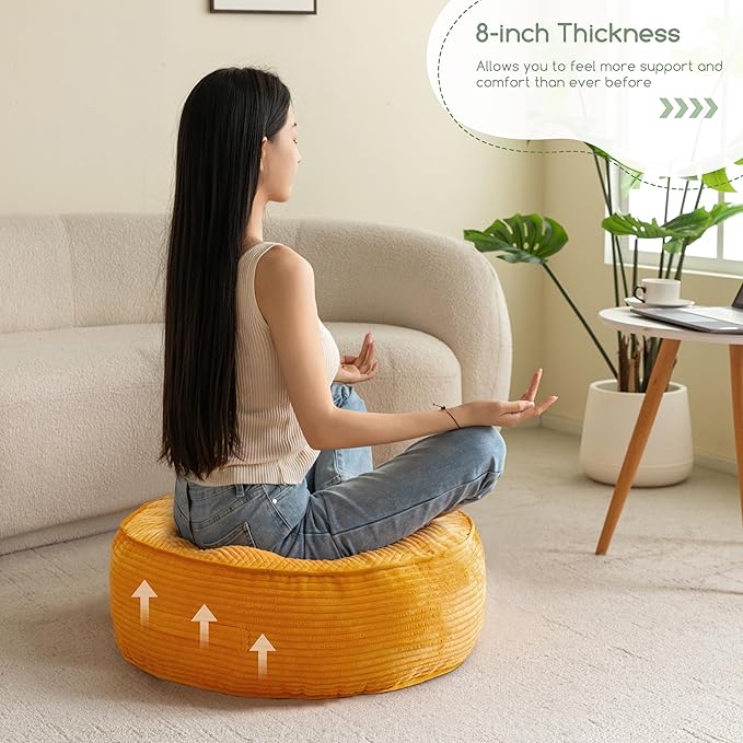 HIGOGOGO 8" Extra Thick Floor Pillow Cushion for Adults, Meditation Cushion Pillow, Large Round Floor Sitting, Tufted Corduroy Cover, for Tatami Living Room or Yoga, 22x22 Inch, 2Pack, Orange