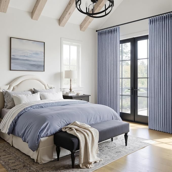 Pinch Pleated Linen Greyish Blue Sheer Curtains 84 Inches Long for Bedroom