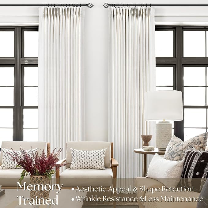 Pinch Pleated Linen Curtains 72 inches Long for Living Room Memory Training Shaped Natural Cream Light Filtering Semi Sheer Curtains 72 inch Length 2 Panel Set Modern Farmhouse Pinch Pleat Drapes