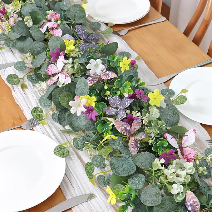 4 Pack 5.68 FT Artificial Daisy Garland with 3D Butterfly, Hanging Fake Flowers Greenery Eucalyptus Garland Floral Vines for Wedding Table Home Room Sping Decor