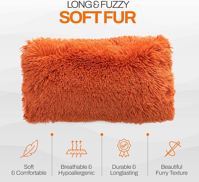 Cheer Collection Fall Decorative Throw Pillows for Couch – Set of 2 Shaggy Fall Pillows for Couch, Cozy Fall Couch Pillows for Living Room or Bed, Soft Accent Pillows, 12" x 20" - Rust Orange