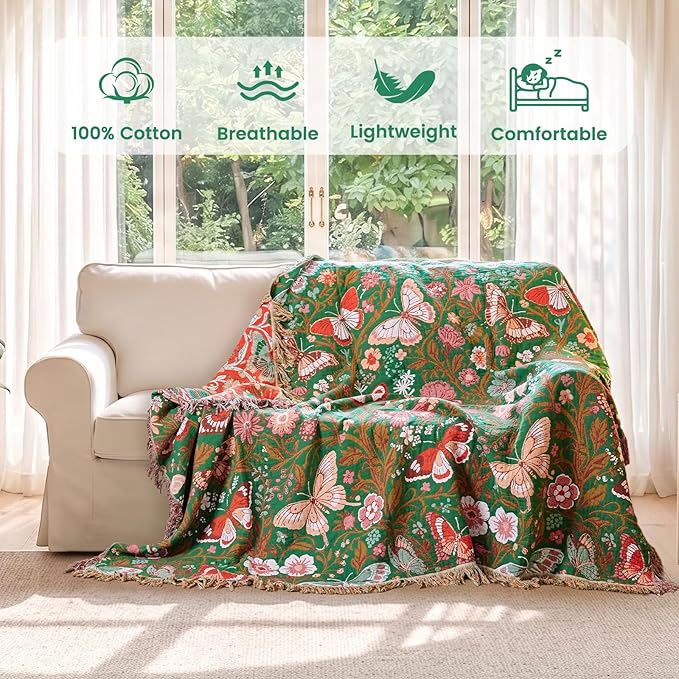 MSGKV Boho Throw Blanket for Bed 60"x80" Butterfly Floral 100% Cotton Couch Blanket Summer Breathable Lightweight Farmhouse Twin Size Blankets for Sofa Home Decor Muslin All Seasons