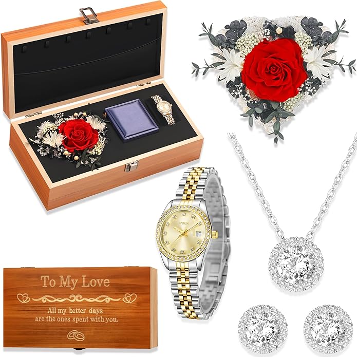 Birthday Gifts for Women-Preserved Roses Jewelry Set 925 Sterling Silver Necklace Earrings,Watches for Women,Wooden Jewelry Organizer-Mother’s Day, Anniversary,Thanksgiving,Christmas,Graduation Gifts