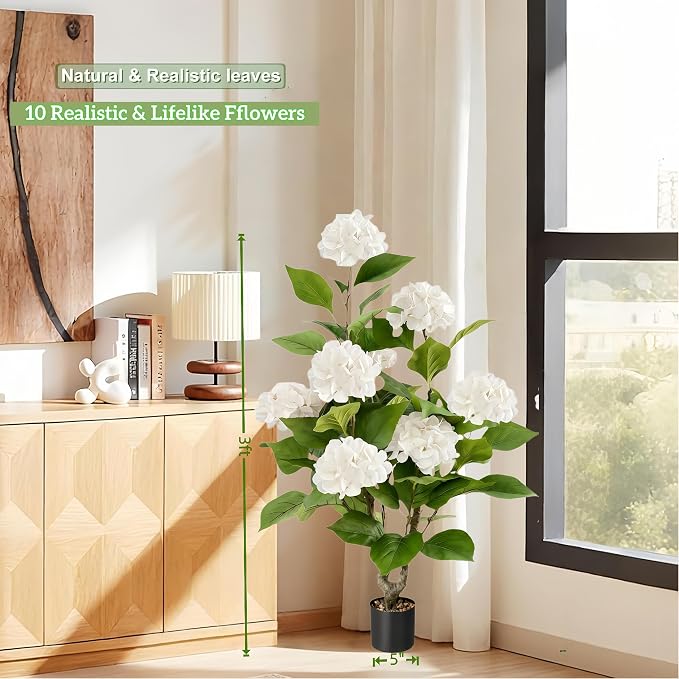 2pcs Artificial Hydrangea Artificial Trees 3ft Faux Hydrangeas Flower Tree with Pot for Front Porch Planters Decoration Outdoor Fake Silk Floral Plant for Home Patio Entrance Decor Indoor, White