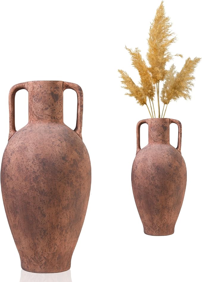 UPWOIGH 20.5in Vintage Ceramic Floor Vase with Handles | Antique Terracotta Finish, Beige Speckles, Distressed Brown Markings, Rustic Farmhouse Décor, Gift 1 Pack