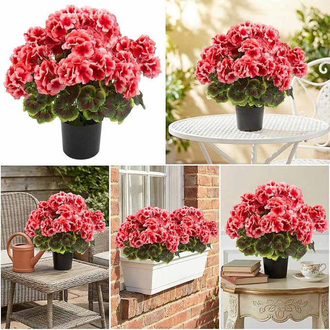 lovemoon 2Set Geranium Potted Artificial Flowers,Fake Geranium Plants for Outdoor Home Décor Office Tables Porch Garden Decor (2, Peach)