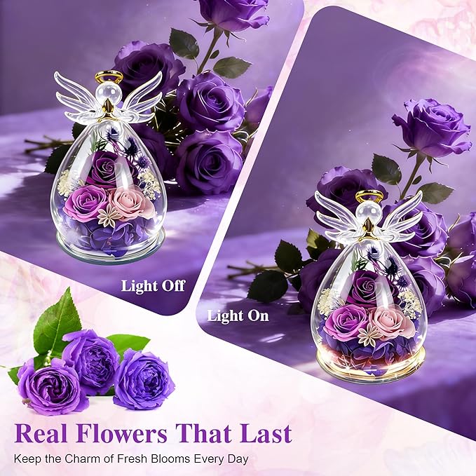 Purple Rose Gifts for Mom Birthday Gifts for Women | Forever Rose in Glass Fresh Flowers for Delivery | Preserved Rose Angel Figurine Mother’s Day for Mom Grandma from Daughter Birthday Gifts