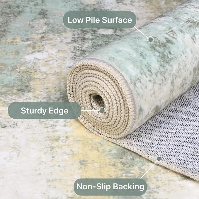 BEIMO Round Rugs 5FT for Living Room Bedroom, Modern Abstract Machine Washable Circle Rug, Soft Low Pile Floor Cover with Non Slip Backing for Dining Room, Light Green
