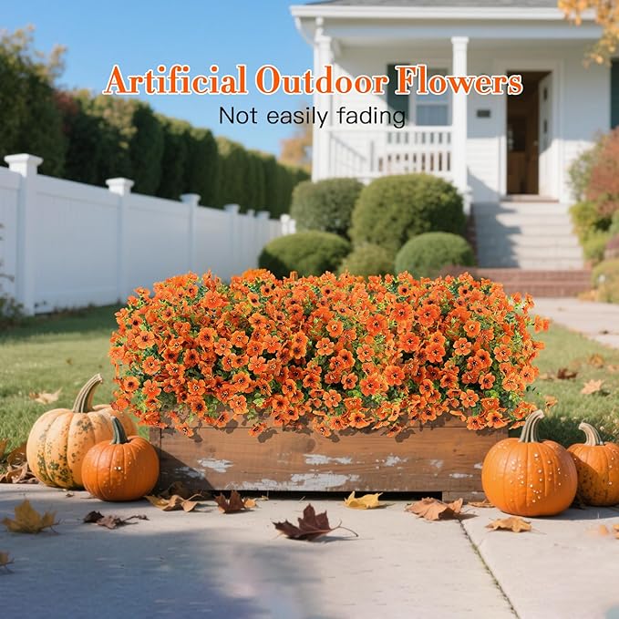 MERIXMAS 24 Bundles Fall Flowers Artificial for Halloween Decoration Outdoors, Fake Plants Autumn, Mums Daisy Eucalyptus Realistic UV Resistant for Garden Patio Porch Home Decor, Orange