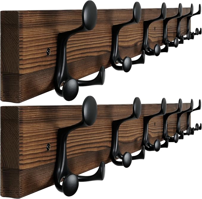 WEBI Coat Rack Wall Mount,36" Solid Wood Coat Hooks Wall Mounted Coat Hanger,16" Hole to Hole,Heavy Duty Hook Rack,6 Triple Hooks for Hanging Coats,Jacket,Hat,Backpack,Farmhouse,Brown,2 Packs