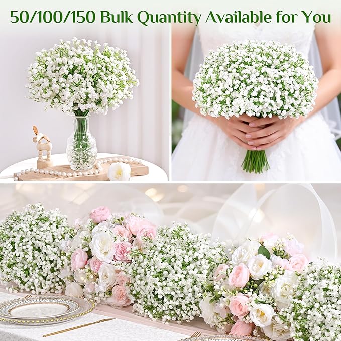 Yastouay 50 Pcs Babys Breath Artificial Flowers, White Baby Breath Flowers Artificial Bulk, Real Touch Fake Flowers Babys Breath Gypsophila for Wedding Home Party Bouquet Floral Arrangement Decor