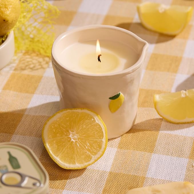 Paddywax Bistro Hand Painted Scented Candle in Ceramic Reusable Food-Safe Jar with Gift Box, Soy Candle with Approx. 56 Hour Burn Time, Meyer Lemon, 8 oz