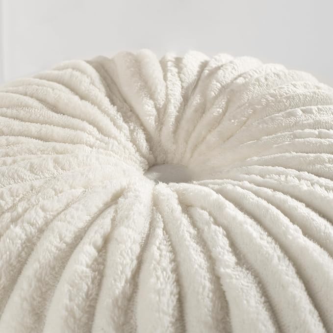 HIG Decorative Round Throw Pillows for Bed Couch - Set of 2 Handcraft Ruched Pumpkin Pillow, Soft and Durable Flannel Floor Pillow for Home Decor, Bed Living Room and Sofa (Off White,14.5"x14.5")
