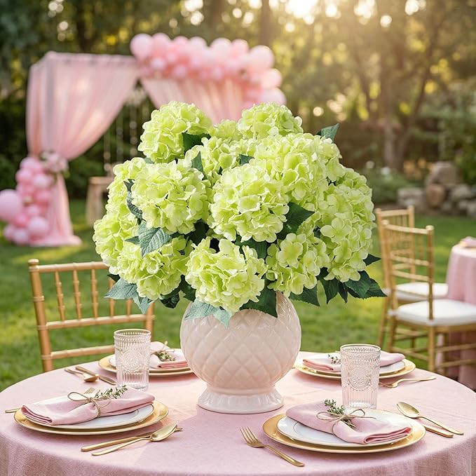 Ivydale Artificial Flowers for Outdoors, 4 PCS Green Fake Silk Hydrangea Flower Stems for Bouquets UV Resistant Realistic Faux Plants Home Outdoor Wedding Party Centerpieces Decor