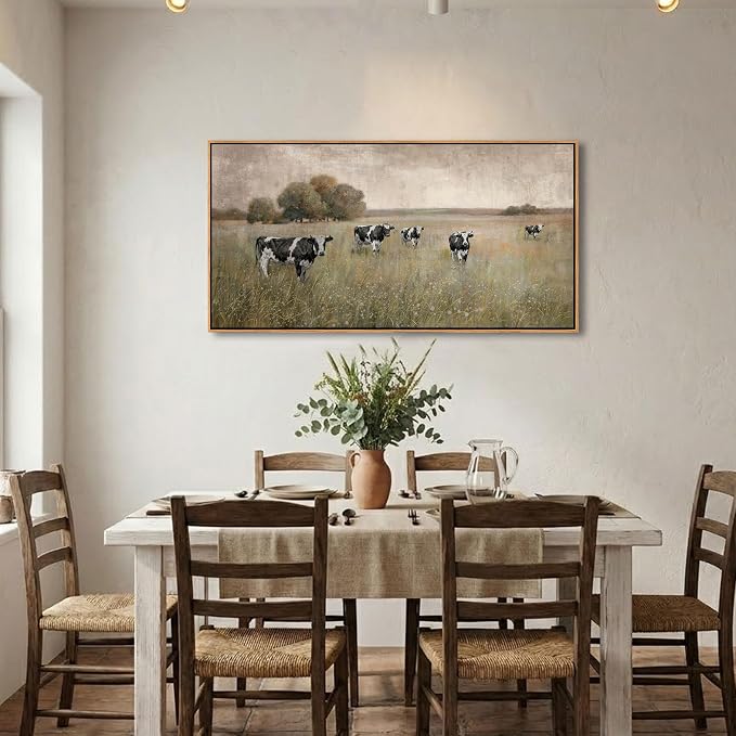 YDYSUNE Cow Pasture Canvas Wall Art - Rustic Beige Black Textured Grazing Cows Print, Vintage Farm Animal Landscape Decor for Country Home Kitchen Living Room Bedroom Framed 20×40 Inch