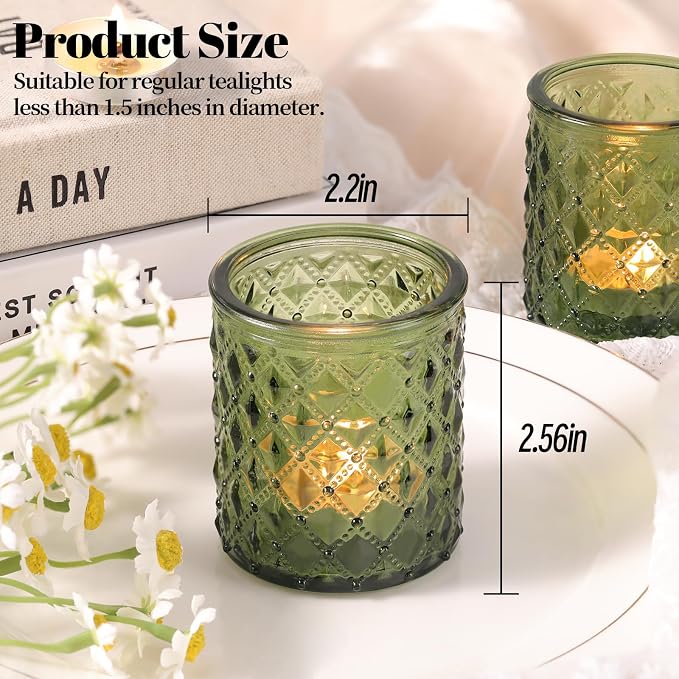 20 Pack Green Votive Candle Holders, Green Glass Candle Holder for Wedding Table Centerpiece, Glass Tea Lights Candle Holders for Baby Shower, Vintage Glass Candle Holders for Party Home Decor