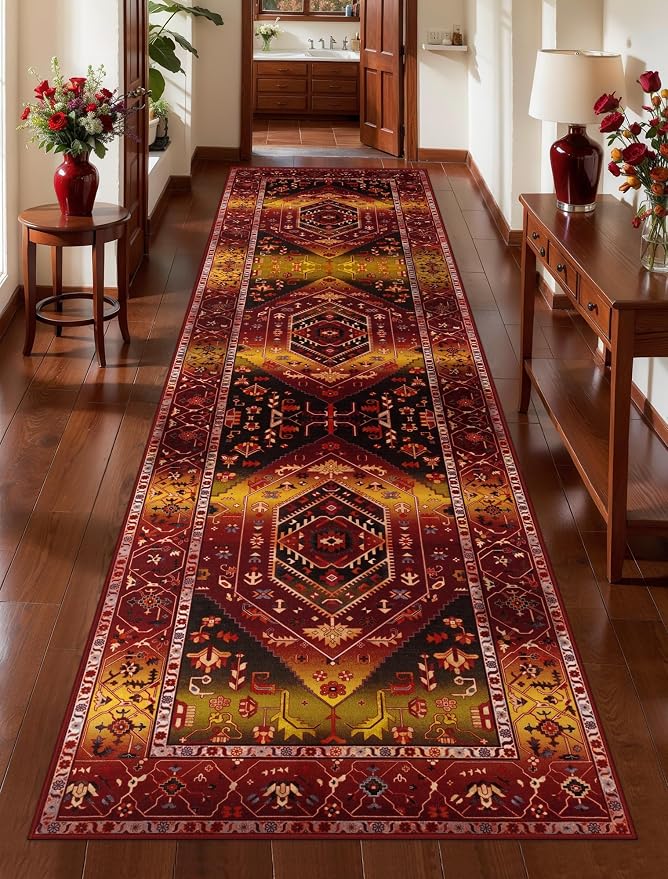 SERISSA Runner Rug for Hallways, 2'6"x10' Washable Non Slip Kitchen Runner Rug, Long Boho Rug Vintage Rustic Red Gold Hallway Stair Ultra Soft Print Floor Carpet for Bedroom Bathroom Laundry Room