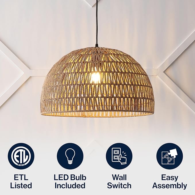 JONATHAN Y 20" Brown Modern Bohemian Woven Rope LED Pendant Light Fixture, Adjustable Dome Ceiling Lamp for Kitchen Island, Rope Shade, Coastal Farmhouse Decor (JYL6504F)