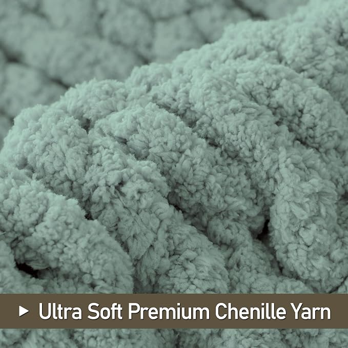 Chunky Knit Throw Blanket 60x80, 100% Handmade Chenille Yarn | 6.7lbs Soft Thick Cable Knitted Blankets, Large Rope Knot Crochet Throws for Couch Sofa Bed Machine Washable, Sage Green