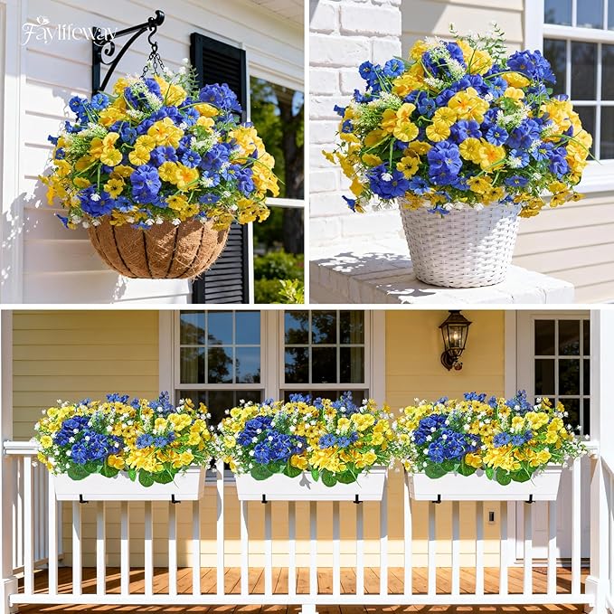 16 Bundles Artificial Flowers for Outdoors, UV Resistant Silk Faux Flowers for Outside Planters,Garden,Porch,Patio,Yard,Home Decor(Blue&Yellow)