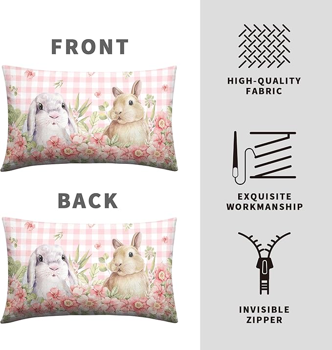 Easter Bunny Lumbar Pillow Covers 12x20 Set of 2 Spring Floral Decorative Pillowcase Cute Rabbit Cotton Linen Cushion Case Pink Plaid Throw Pillow Covers for Sofa Patio Outdoor