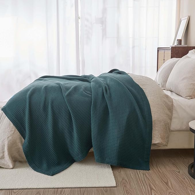100% Cotton Blue Blanket Full/Queen Size for Bed - Breathable and Soft, Waffle Weave for Summer Spring, 90x90 Inches (Peacock)