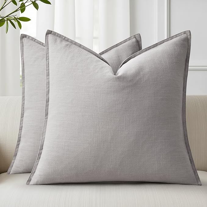 decorUhome Summer Decorative Linen Euro Sham Throw Pillow Covers 22x22 Inch Set of 2 Light Grey Pillow Covers with Flange Edges Soft Farmhouse Boho Accent Pillow Cases for Couch Bed Living Room