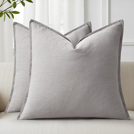 decorUhome Summer Decorative Linen Throw Pillow Covers 20x20 Inch Set of 2 Light Grey Pillow Covers with Flange Edges Soft Farmhouse Boho Accent Pillow Cases for Couch Bed Living Room