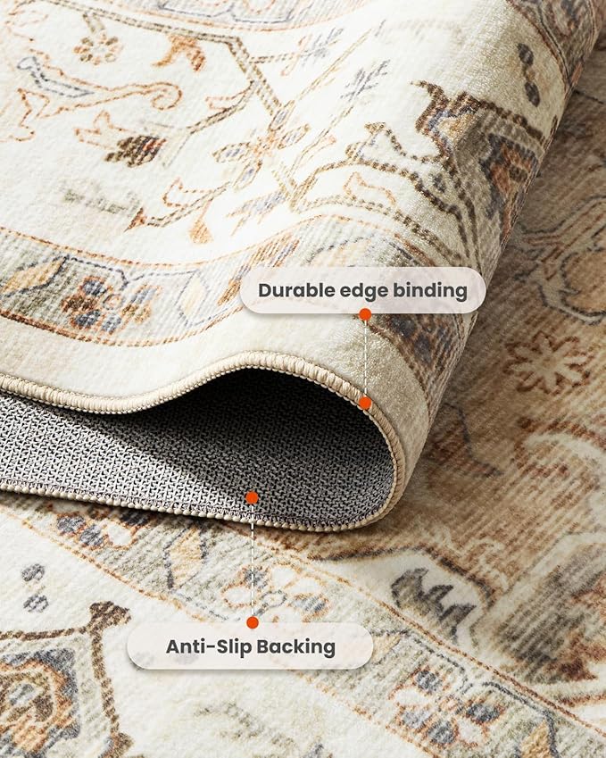 AMADA HOMEFURNISHING Round 5ft Area Rugs, Low-Profile Washable Rug with Non-Slip Backing & Durable Edge Binding, Vintage Rugs for Living Room, Bedroom, Dinning Room