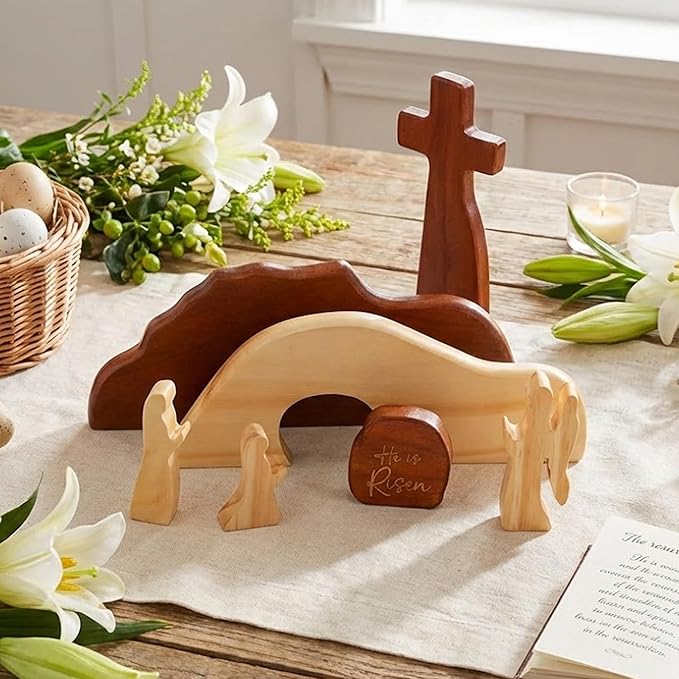 He is Risen Easter Decor – Wooden Resurrection Scene with Empty Tomb, Cross & Figurines, Christian Religious Tabletop Decoration for Home, Faith Easter Gift, Easter Basket Stuffer