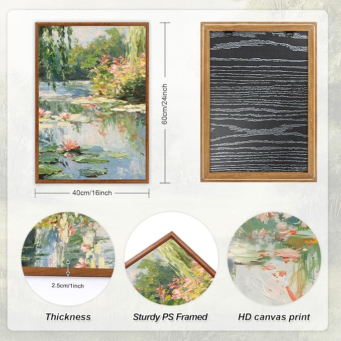 LHIUEM Monet Water Lilies Floral Framed Canvas Wall Art Set,Vintage Impressionist Botanical Wall Decor,Oil Paintings Style Flowers Artwork for Living Room,Bedroom,Dining Room,Office -16"x24"x3