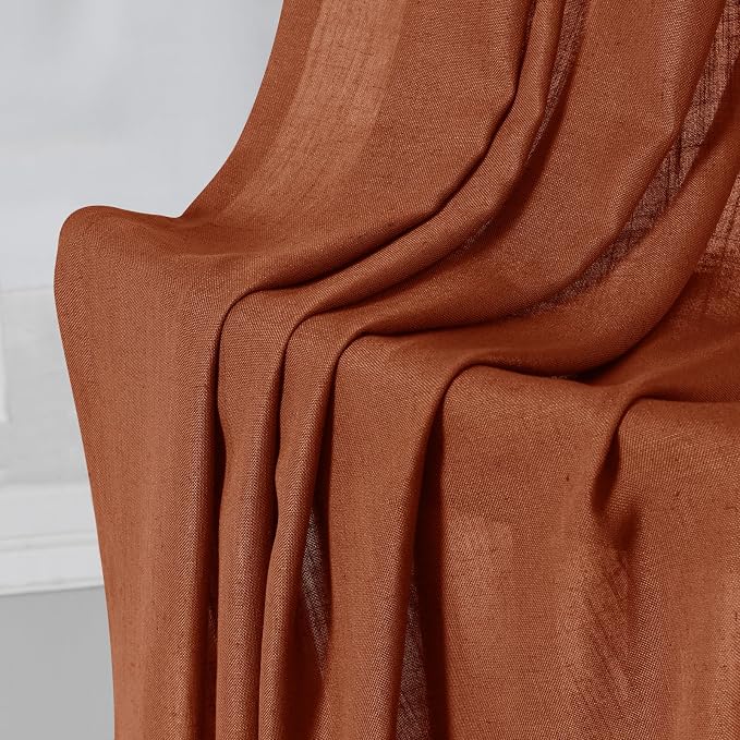 Terracotta 96 Inch Linen Curtains for Sliding Door Living Room Grommet Neutral Farmhouse Boho Light Filtering Semi Sheer Rust Orange Red Curtain Drapes for Bedroom Aesthetic 96 Inches Long 2 Panels