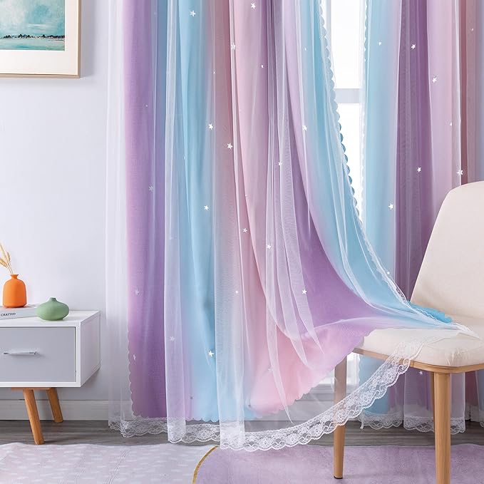 XiDi Girls Blackout Curtains 102 Inches Long for Bedroom, Room Darkening Grommet Window Ombre Curtains 2 Panel Sets, Kids Unicorn Princess Theme Decor Colorful Rainbow Design Pink Purple Blue 34x102