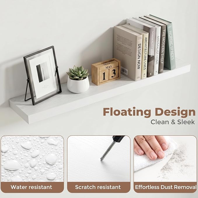Venusmiles Floating Shelves for Wall, 36 Inch Floating Shelves Set of 2, 6.5" D Wooden Wall Mounted Display Shelves with Invisible Brackets for Living Room, Bedroom, Bathroom, Kitchen Decor, White