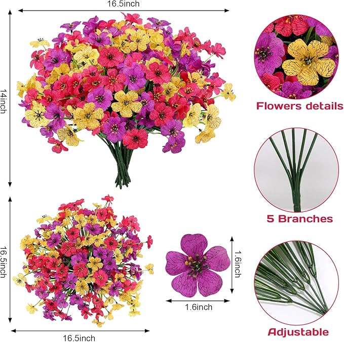 Geegoods Artificial Mums Flowers for Outdoors, 12 Bundles UV Resistant Fake Plastic Colorful Mix Flowers for Patio Porch Spring Summer Decor