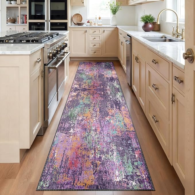 RELEANY Washable Area Rugs 2'x6' Non-Slip Modern Abstract Soft for Living Room Entryway Bedroom Nursery, Print Pattern, Purple Orange Blue Green Rust Red Colorful